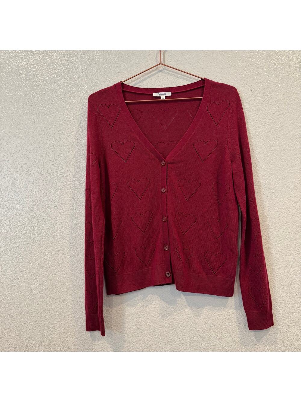Splendid Alamo Cardigan burgundy red heart button up sweater v-neck valentines